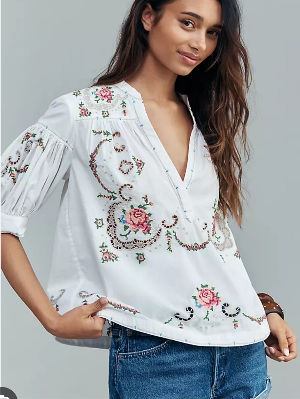 Anthropologie White Embroidered Peasant Blouse with Pink Rose Accents